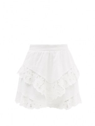 ISABEL MARANT ÉTOILE Enali floral-embroidered white linen mini skirt ~ feminine tiered lace trim summer skirts