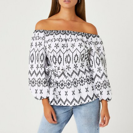 RIVER ISLAND White geo print broderie bardot top / womens floral off the shoulder peasant tops / women’s cotton summer fashion - flipped
