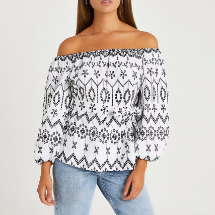RIVER ISLAND White geo print broderie bardot top / womens floral off the shoulder peasant tops / women’s cotton summer fashion
