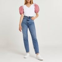 RIVER ISLAND White gingham v-neck t-shirt / checked puff sleeve tee / womens romantic style t-shirts