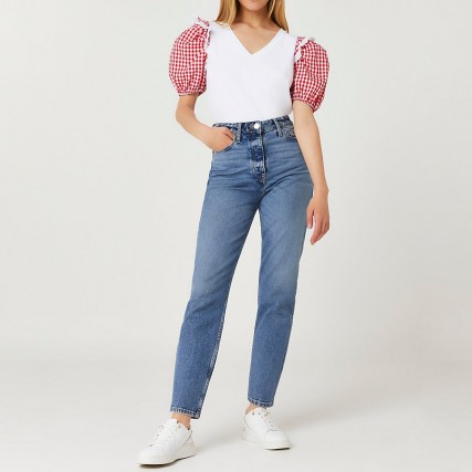 RIVER ISLAND White gingham v-neck t-shirt / checked puff sleeve tee / womens romantic style t-shirts - flipped