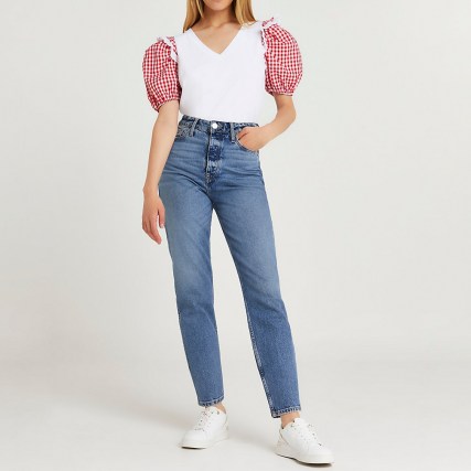 RIVER ISLAND White gingham v-neck t-shirt / checked puff sleeve tee / womens romantic style t-shirts