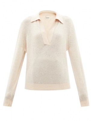 KHAITE Jo V-neck cashmere-blend sweater ~ womens collared open neck sweaters ~ luxe knitwear