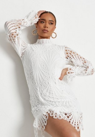 MISSGUIDED white lace high neck ruffle mini dress ~ womens semi sheer going out dresses