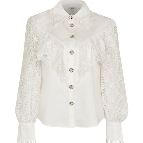 RIVER ISLAND White RI monogram frill detail shirt ~ blouses with semi sheer sleeves ~ ruffled lace style top