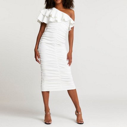 RIVER ISLAND White ruched asymmetrical midi dress ~ one shoulder ruffled neckline dresses ~ ruffle neck going out dresses ~ womens party fashion