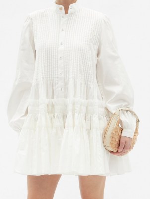 AJE Run Free pintucked white cotton mini dress ~ womens ruffled drop waist summer dresses ~ romantic fashion - flipped