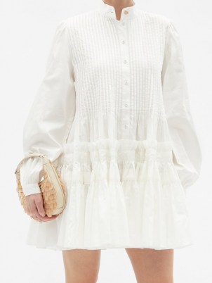 AJE Run Free pintucked white cotton mini dress ~ womens ruffled drop waist summer dresses ~ romantic fashion