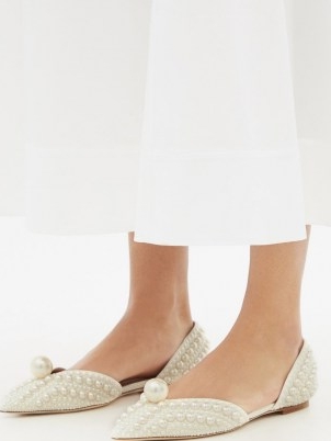 JIMMY CHOO Sabine white faux-pearl embellished d’Orsay flats / women’s designer flat shoes / womens luxe footwear