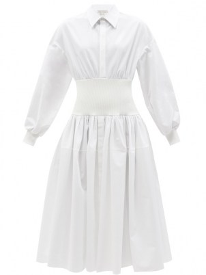 ALEXANDER MCQUEEN Shirred-waist white cotton-poplin shirt dress - flipped