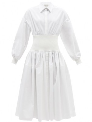 ALEXANDER MCQUEEN Shirred-waist white cotton-poplin shirt dress