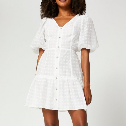RIVER ISLAND White spot puff sleeve button mini dress / womens tiered dresses - flipped
