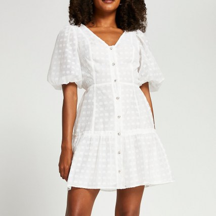 RIVER ISLAND White spot puff sleeve button mini dress / womens tiered dresses