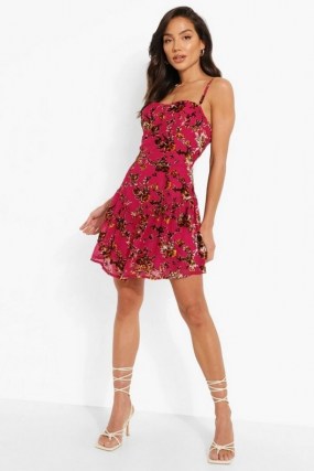 boohoo Devore Corset V Detail Skater Dress / pink cami strap floral dresses - flipped