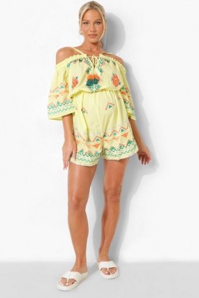 boohoo Maternity Embroidered Tie Flippy Playsuit / on trend pregnancy fashion / floral off the shoulder playsuits