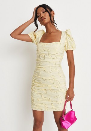 MISSGUIDED yellow broderie puff sleeve ruched mini dress – square neck short sleeve summer dresses - flipped
