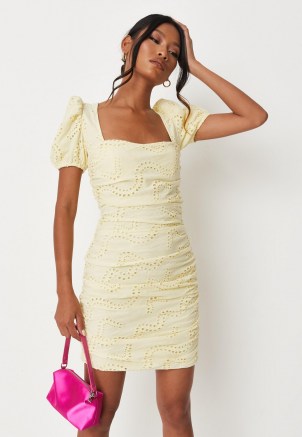 MISSGUIDED yellow broderie puff sleeve ruched mini dress – square neck short sleeve summer dresses
