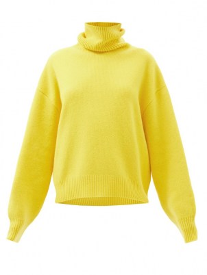 RAEY Yellow cropped displaced-sleeve roll-neck wool sweater | womens relaxed drop shoulder high neck sweaters | women’s bright soft merino wool jumpers - flipped