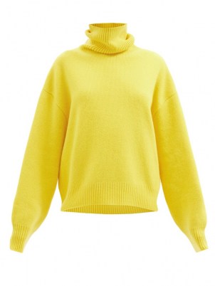 RAEY Yellow cropped displaced-sleeve roll-neck wool sweater | womens relaxed drop shoulder high neck sweaters | women’s bright soft merino wool jumpers