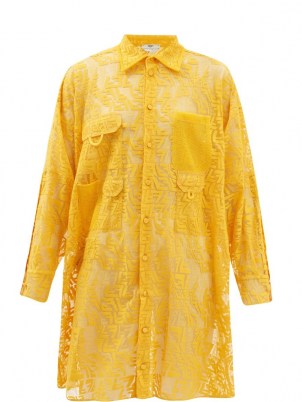 FENDI FF Fisheye-embroidered yellow lace shirt dress / womens designer logo poolside cover up / bright beach bar dresses / women’s sheer beach fashion / beachwear - flipped