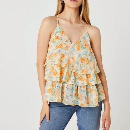 RIVER ISLAND Yellow floral chiffon tiered cami top / womens spaghetti strap layered hem tops / skinny straps / strappy cross back camisole / womens romantic on trend fashion - flipped