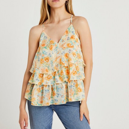 RIVER ISLAND Yellow floral chiffon tiered cami top / womens spaghetti strap layered hem tops / skinny straps / strappy cross back camisole / womens romantic on trend fashion