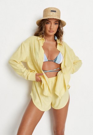MISSGUIDED yellow towelling beach cover up shirt – beachwear shirts – poolside tops - flipped