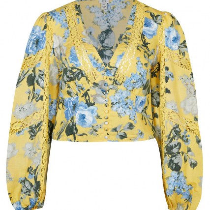 RIVER ISLAND Yellow v neck floral lace trim corset top / womens romantic crop hem tops - flipped