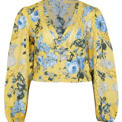 RIVER ISLAND Yellow v neck floral lace trim corset top / womens romantic crop hem tops