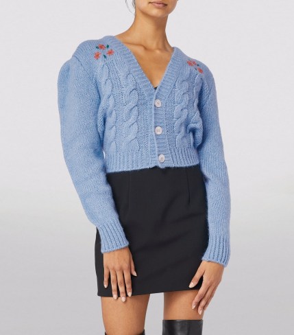 ALESSANDRA RICH Embroidered Cropped Cardigan Light Blue / crop hem cable knit floral cardigans / womens designer knitwear - flipped