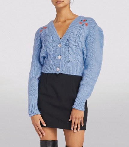 ALESSANDRA RICH Embroidered Cropped Cardigan Light Blue / crop hem cable knit floral cardigans / womens designer knitwear
