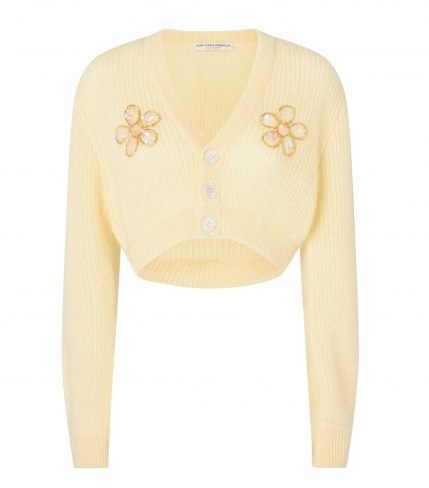 ALESSANDRA RICH Cropped Embellished Cardigan Pale Yellow / floral motif crop hem cardigans / cute cardi - flipped