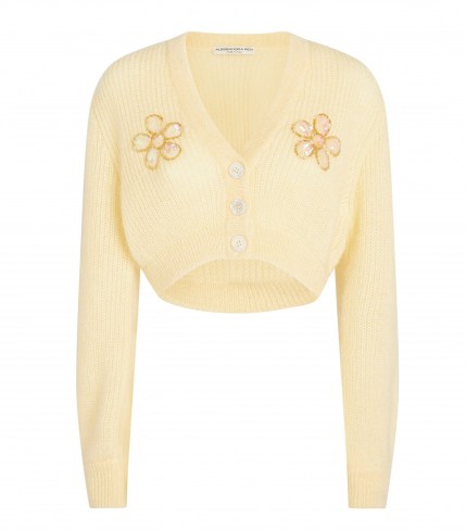 ALESSANDRA RICH Cropped Embellished Cardigan Pale Yellow / floral motif crop hem cardigans / cute cardi