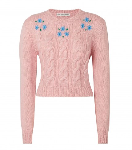 ALESSANDRA RICH Pink Alpaca-Blend Embroidered Sweater / cute cable knit floral sweaters / womens feminine jumpers - flipped