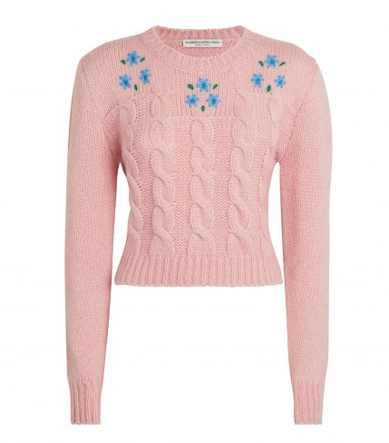 ALESSANDRA RICH Pink Alpaca-Blend Embroidered Sweater / cute cable knit floral sweaters / womens feminine jumpers