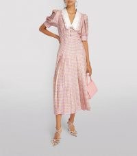 ALESSANDRA RICH Silk Houndstooth Midi Dress in Pink-Green / luxe designer vintage inspired fashion / puff sleeve oversized collar dresses / dogtooth check prints