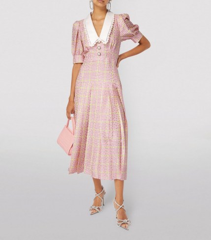 ALESSANDRA RICH Silk Houndstooth Midi Dress in Pink-Green / luxe designer vintage inspired fashion / puff sleeve oversized collar dresses / dogtooth check prints - flipped