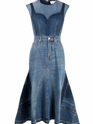 Alexander McQueen pieced and reconstructed midi dress | sleeveless designer denim dresses | women’s contemporary fashion