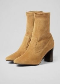L.K. BENNETT ALICE TAN STRETCH SUEDE ANKLE BOOTS ~ women light brown pull on sock style boot ~ women’s neutral autumn footwear 2021