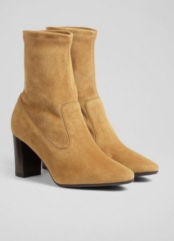 L.K. BENNETT ALICE TAN STRETCH SUEDE ANKLE BOOTS ~ women light brown pull on sock style boot ~ women’s neutral autumn footwear 2021 - flipped