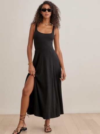 REFORMATION Allison Dress in Black ~ essential sleeveless fit and flare dresses ~ slit hem LBD ~ womens wardrobe essentials to dress up or down - flipped