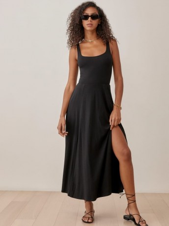 REFORMATION Allison Dress in Black ~ essential sleeveless fit and flare dresses ~ slit hem LBD ~ womens wardrobe essentials to dress up or down