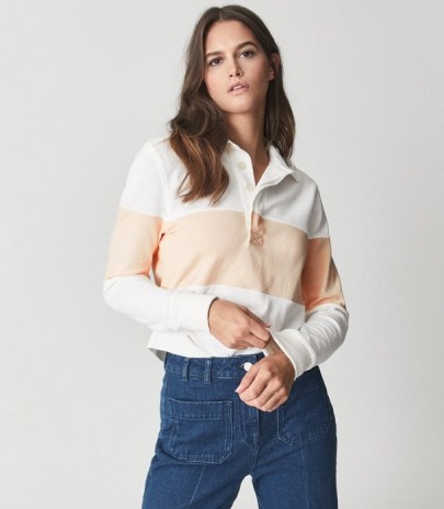 REISS ANJA COLOUR BLOCK RUGBY TOP PINK / womens casual long sleeve point collar tops - flipped