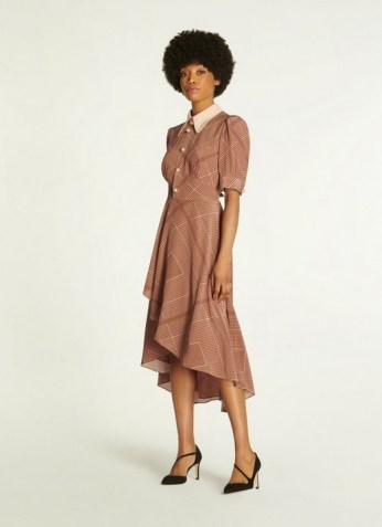L.K. BENNETT BARABELLA TOBACCO HANDKERCHIEF PRINT SILK DRESS ~ brown vintage style asymmetric hem dresses - flipped
