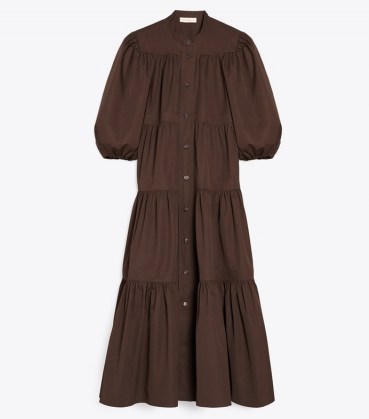 TORY BURCH ARTIST BUTTON-FRONT DRESS DEEP CHOCOLATE ~ brown cotton balloon sleeve tiered midi dresses ~ romantic fashion - flipped