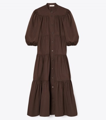 TORY BURCH ARTIST BUTTON-FRONT DRESS DEEP CHOCOLATE ~ brown cotton balloon sleeve tiered midi dresses ~ romantic fashion