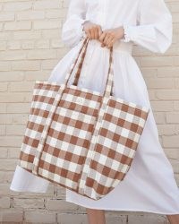 LOEFFLER RANDALL Avery Brown Gingham Weekender ~ large checked carryall tote bags ~ spacious check print canvas shoppers