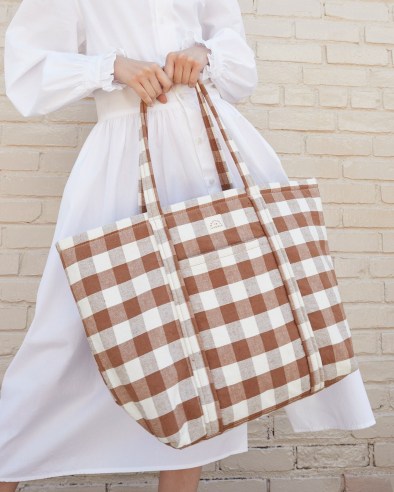 LOEFFLER RANDALL Avery Brown Gingham Weekender ~ large checked carryall tote bags ~ spacious check print canvas shoppers - flipped
