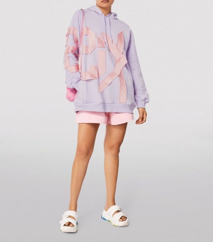 AZ FACTORY Satin-Detail Kiss Hoodie / lilac slogan hoodies / womens longline hooded tops - flipped