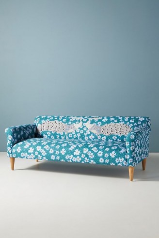 Florence Balducci Peacock Sofa ~ blue floral and bird print sofas ~ stylish lounge furniture ~ vibrant living / sitting room furnishings ~ Anthropologie Home